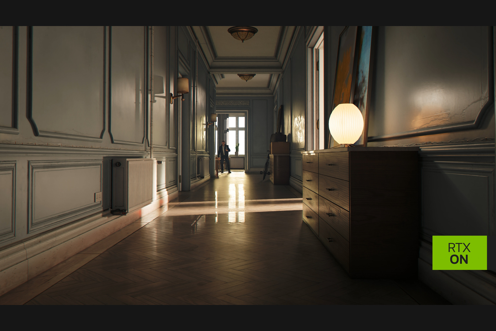 Сцена в коридоре 007 First Light с RTX и DLSS 4.5 Ray Reconstruction