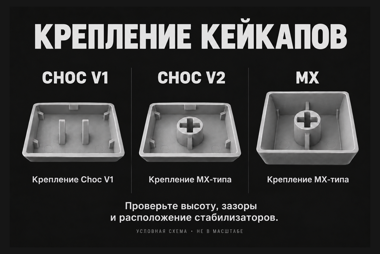 Сравнение креплений кейкапов Kailh Choc V1, Choc V2 и MX