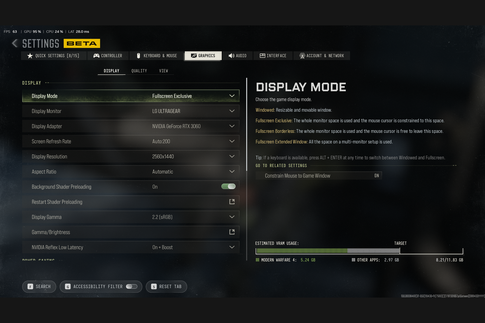 Подлинное англоязычное меню графики бета-версии Modern Warfare 4