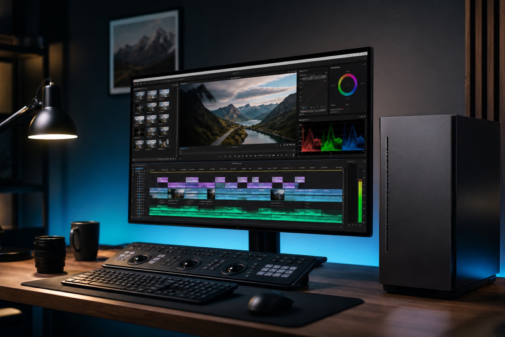 Рабочая станция для монтажа видео в Adobe Premiere Pro с таймлайном 4K.