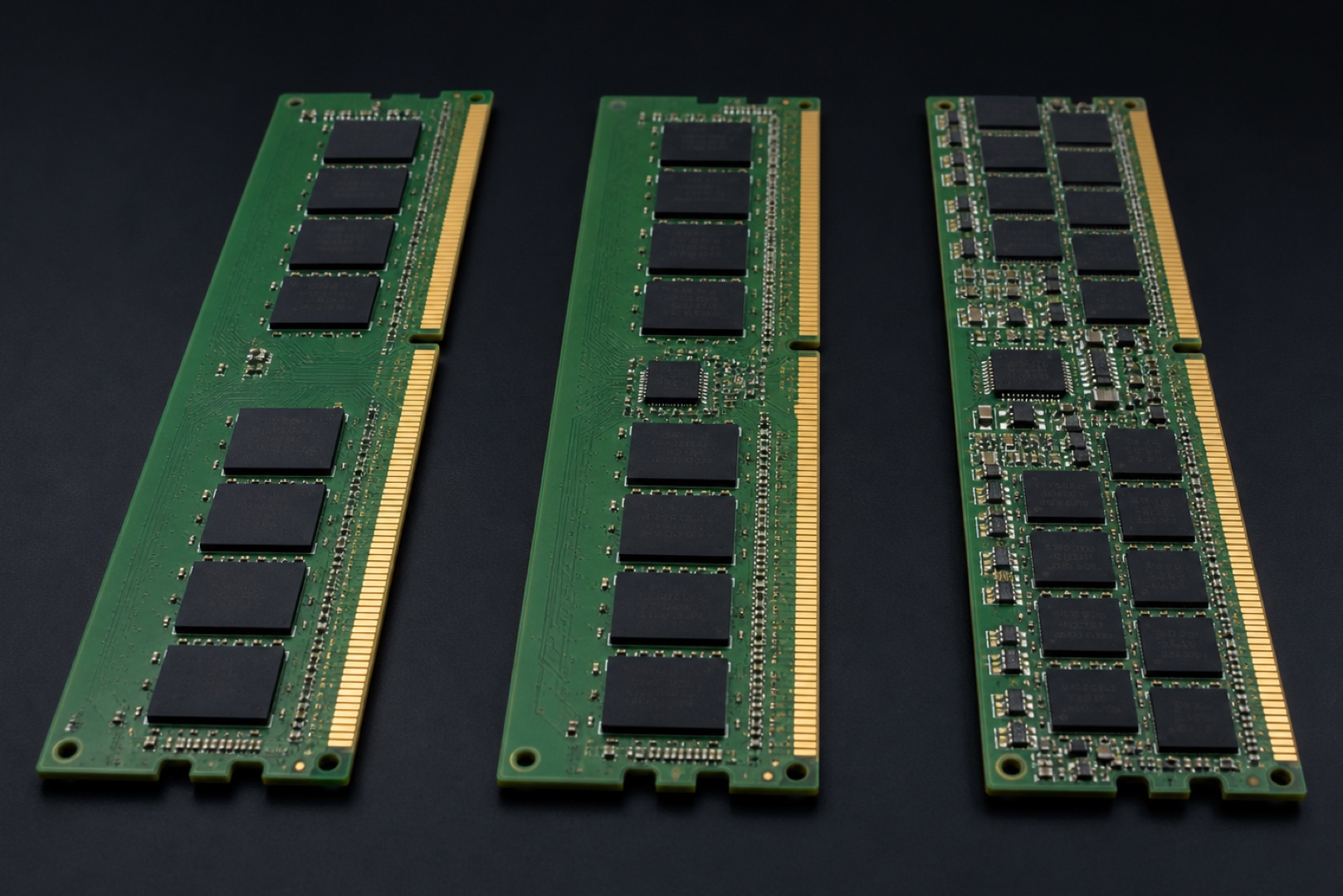 Модули серверной памяти UDIMM, RDIMM и LRDIMM рядом для сравнения.