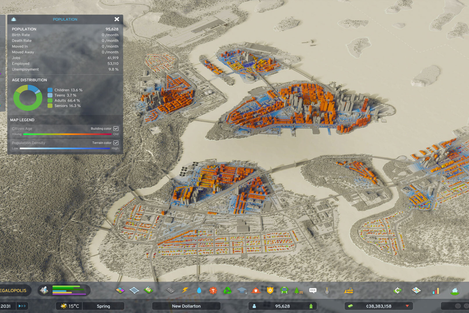 Карта города в Cities: Skylines II с открытой статистикой населения